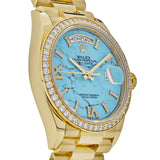 Rolex Day-Date 128348RBR Yellow Gold Diamond Bezel Turquoise Diamond Dial