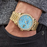 Rolex Day-Date 128348RBR Yellow Gold Diamond Bezel Turquoise Diamond Dial