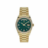 Rolex Day-Date 128348RBR Yellow Gold Green Malachite Dial Diamond Bezel