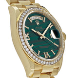 Rolex Day-Date 128348RBR Yellow Gold Green Malachite Dial Diamond Bezel