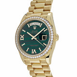 Rolex Day-Date 128348RBR Yellow Gold Green Malachite Dial Diamond Bezel