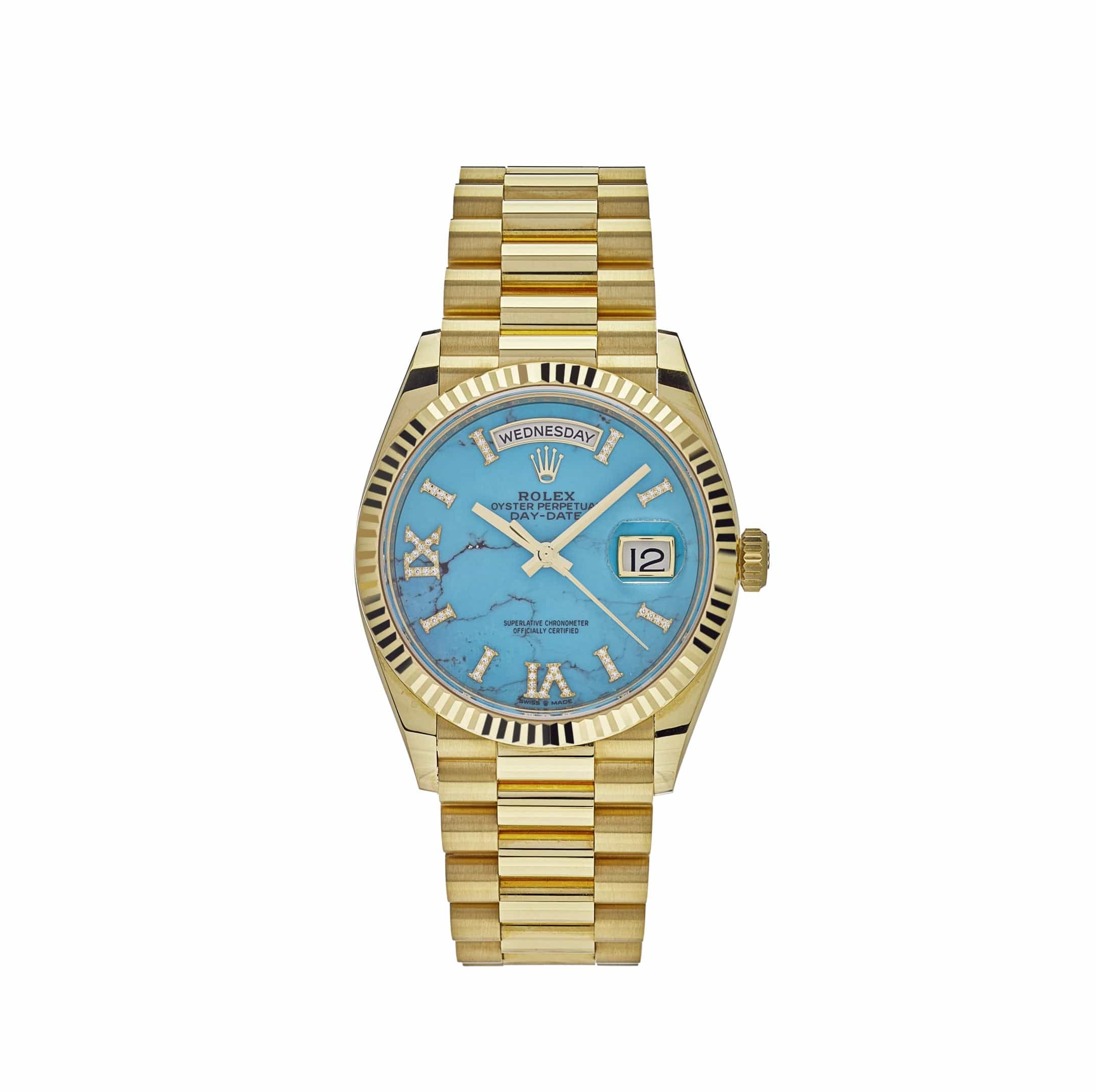 Rolex Day-Date 128238 Yellow Gold Turquoise Diamond Dial – Mavani & Co