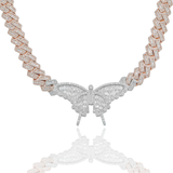 10K Rose & White Gold Diamond Baguette Cuban Butterfly Chain Emerald Cut Center Butterfly
