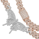 10K Rose & White Gold Diamond Baguette Cuban Butterfly Chain Emerald Cut Center Butterfly