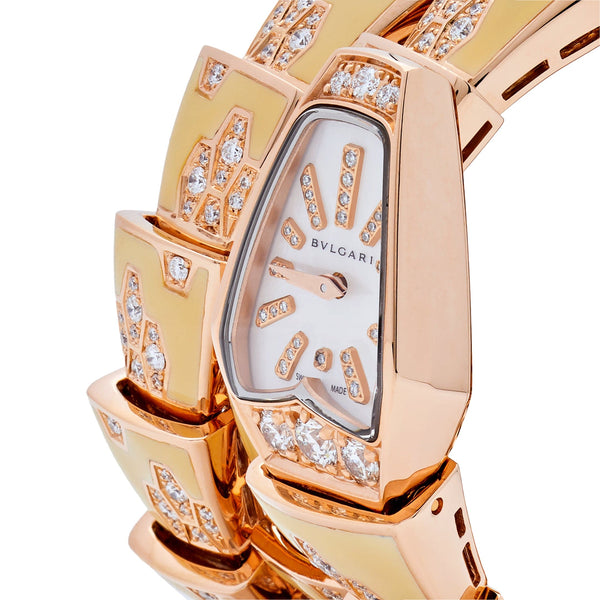 BVLGARI Serpenti Two-Coil Watch 101985 Rose Gold Diamonds Lacquer Mother of Pearl Dial