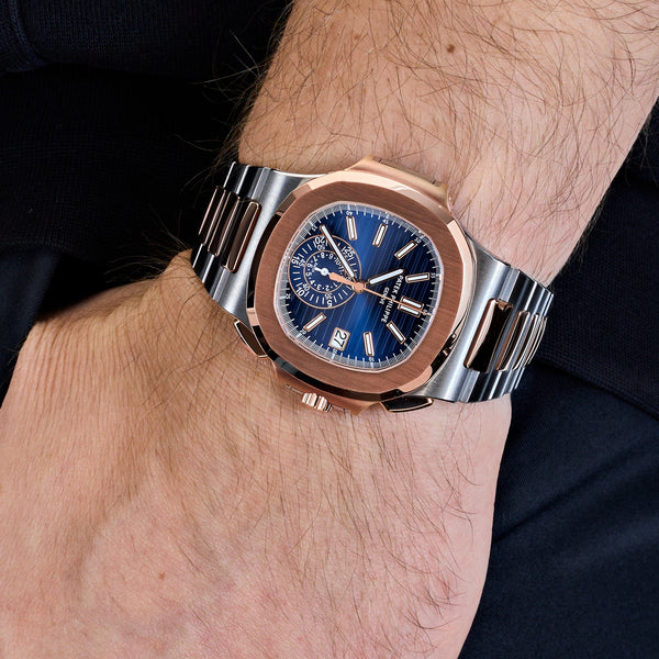 Patek Philippe Nautilus 5980/1AR-001 Chronograph Stainless Steel Rose Gold Blue Dial
