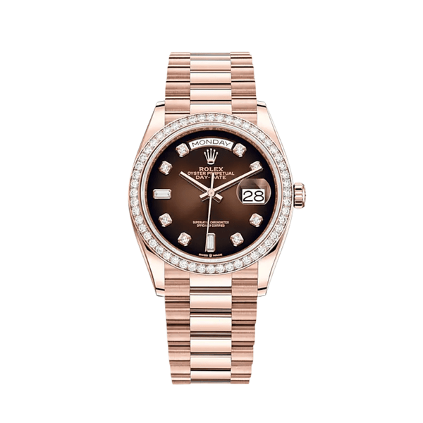 Rolex Day-Date 128345RBR Rose Gold Diamond Bezel Brown Diamond Dial