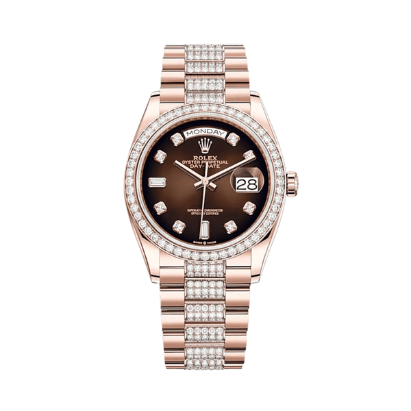Rolex Day-Date 128345RBR Rose Gold Diamond Bezel Brown Diamond Dial