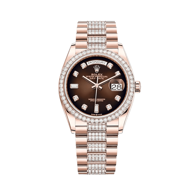 Rolex Day-Date 128345RBR Rose Gold Diamond Bezel Brown Diamond Dial
