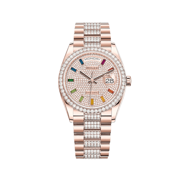 Rolex Day-Date 128345RBR Rose Gold Rainbow Pave Diamond Set