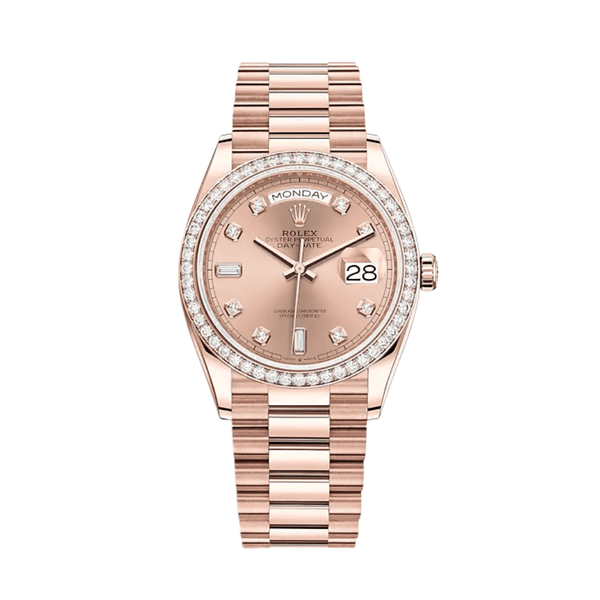 Rolex Day-Date 128345RBR Rose Gold Diamond Bezel Rosé Diamond Dial