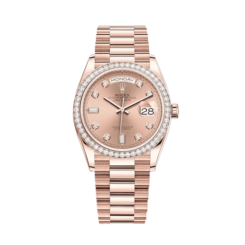 Rolex Day-Date 128345RBR Rose Gold Diamond Bezel Rosé Diamond Dial