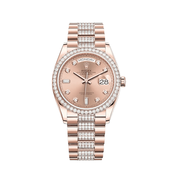 Rolex Day-Date 128345RBR Rose Gold Diamond Bezel Rosé Diamond Dial