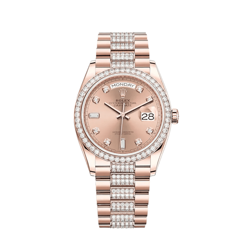 Rolex Day-Date 128345RBR Rose Gold Diamond Bezel Rosé Diamond Dial