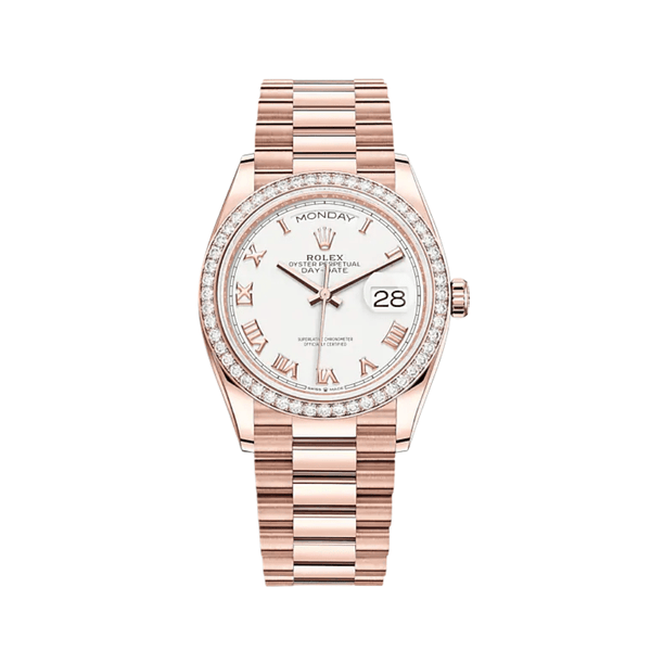 Rolex Day-Date 128345RBR Rose Gold Diamond Bezel White Dial