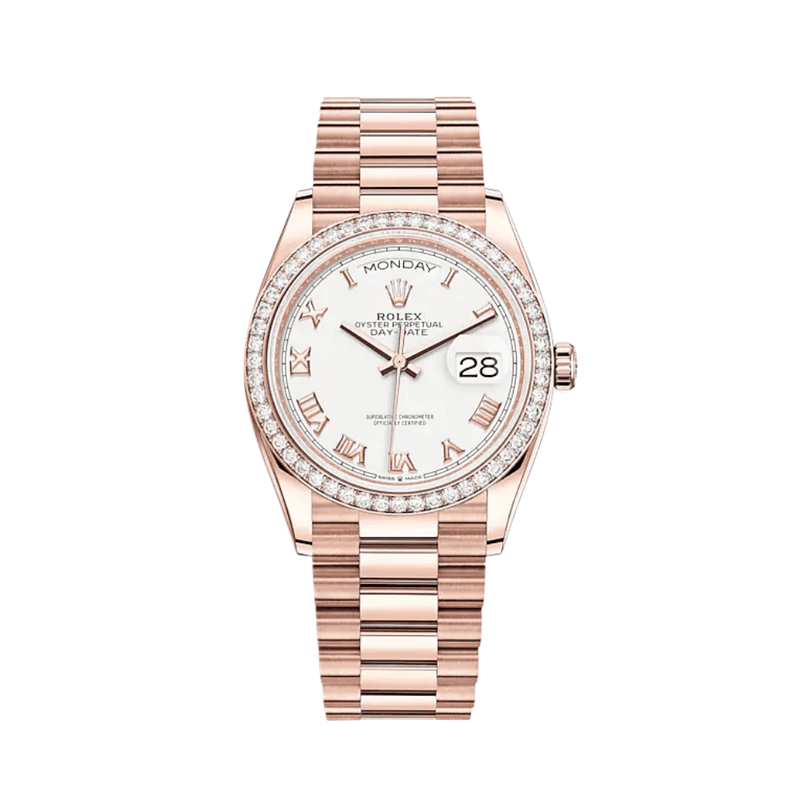 Rolex Day-Date 128345RBR Rose Gold Diamond Bezel White Dial