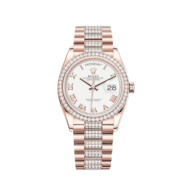 Rolex Day-Date 128345RBR Rose Gold Diamond Bezel White Dial