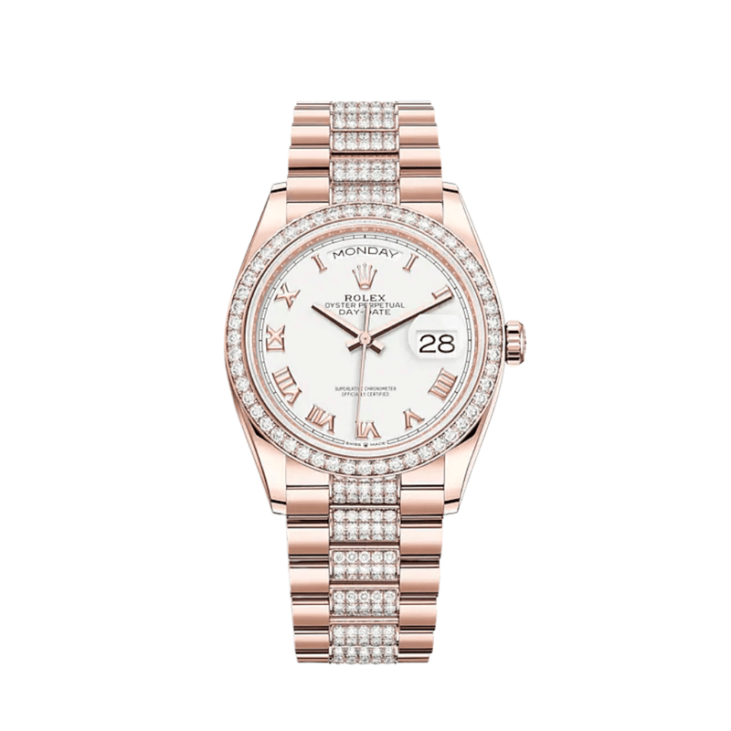 Rolex Day-Date 128345RBR Rose Gold Diamond Bezel White Dial