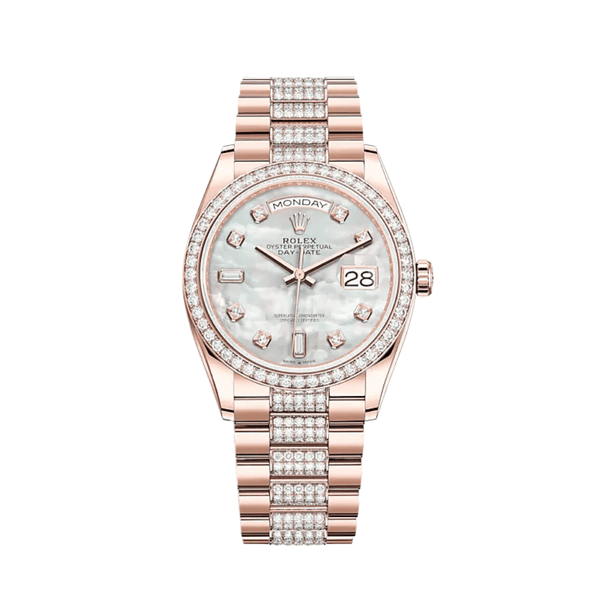 Rolex Day-Date 128345RBR Rose Gold Diamond Bezel Mother of Pearl Diamond Dial