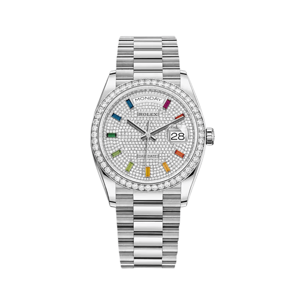 Rolex Day-Date 128349RBR White Gold Diamond Bezel Diamond-Paved Dial
