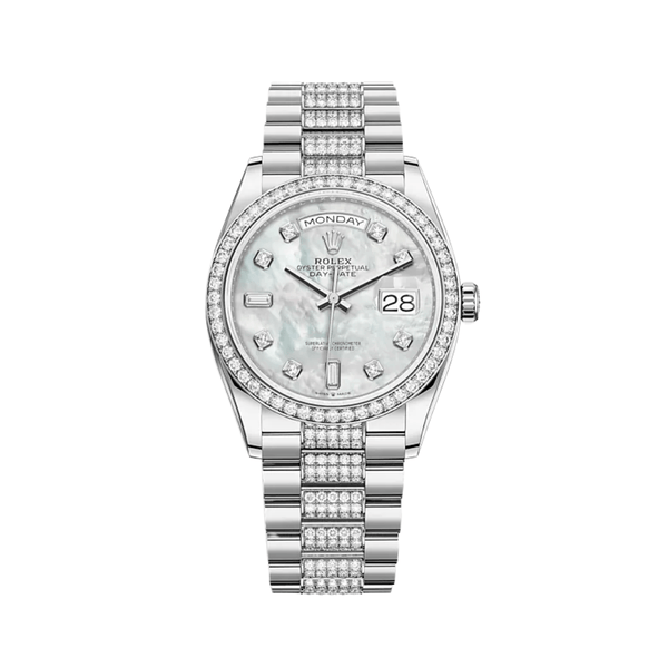 Rolex Day-Date 128349RBR White Gold Diamond Bezel Mother of Pearl Diamond Dial