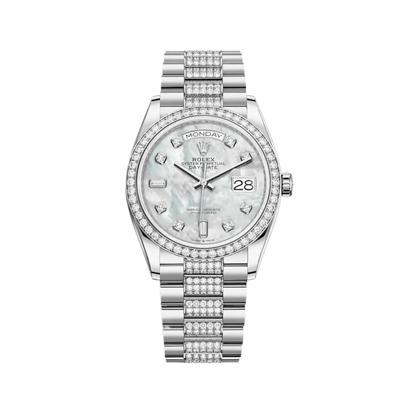 Rolex Day-Date 128349RBR White Gold Diamond Bezel Mother of Pearl Diamond Dial