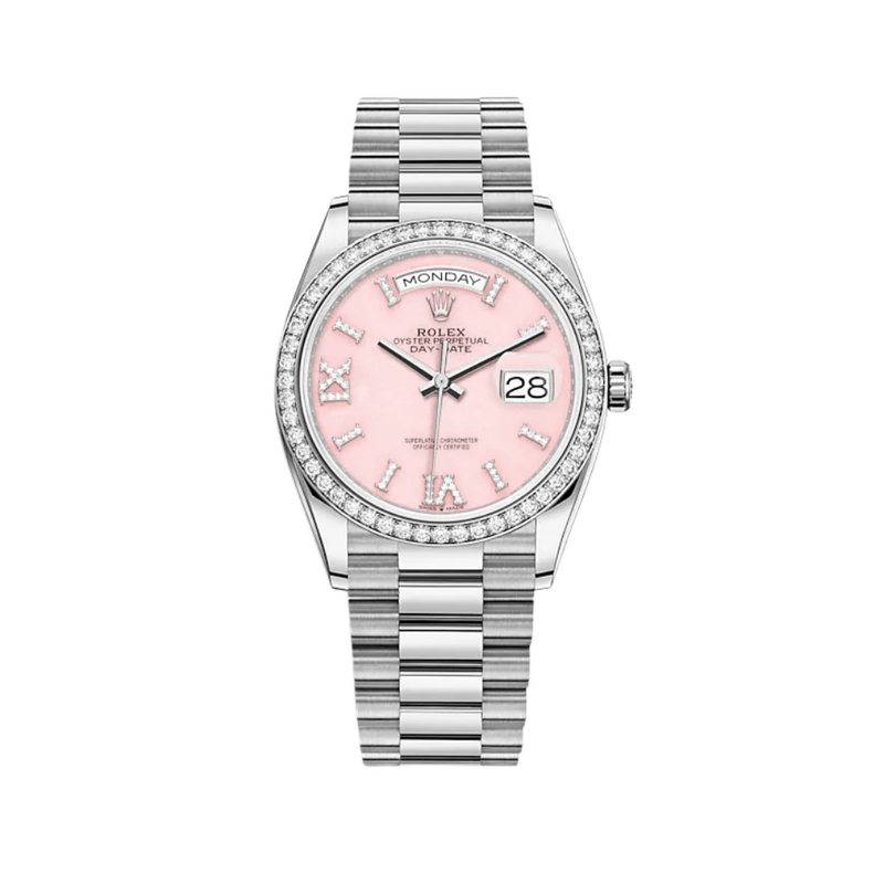 Rolex Day-Date 128349RBR White Gold Diamond Bezel Pink Diamond Dial