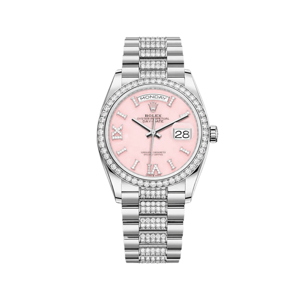 Rolex Day-Date 128349RBR White Gold Diamond Bezel Pink Diamond Dial