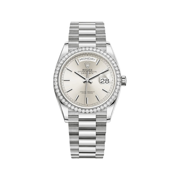 Rolex Day-Date 128349RBR White Gold Diamond Bezel Silver Dial