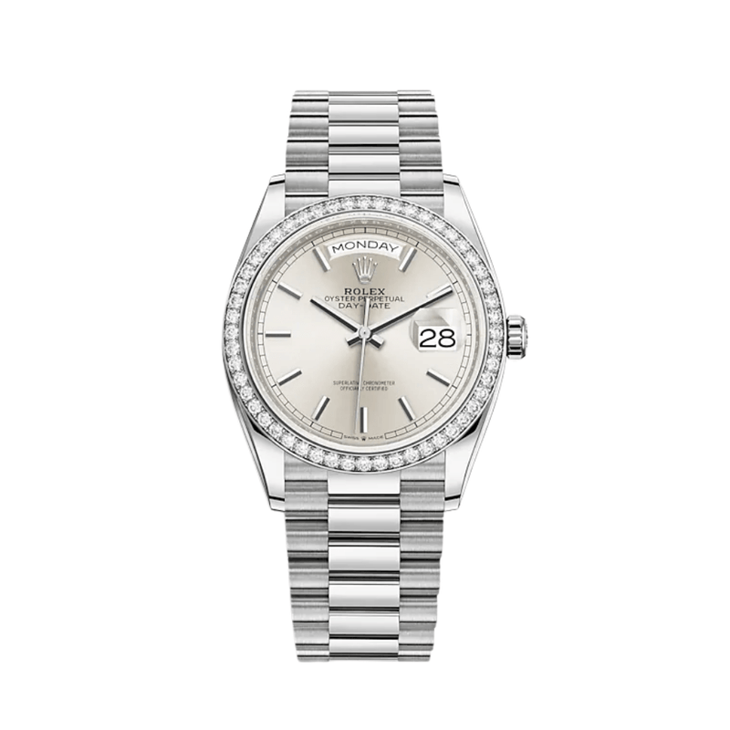 Rolex Day-Date 128349RBR White Gold Diamond Bezel Silver Dial