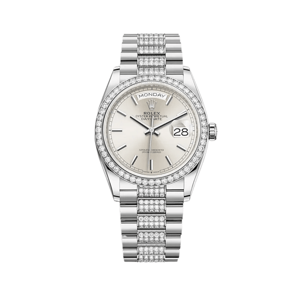 Rolex Day-Date 128349RBR White Gold Diamond Bezel Silver Dial