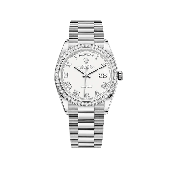 Rolex Day-Date 128349RBR White Gold Diamond Bezel White Dial