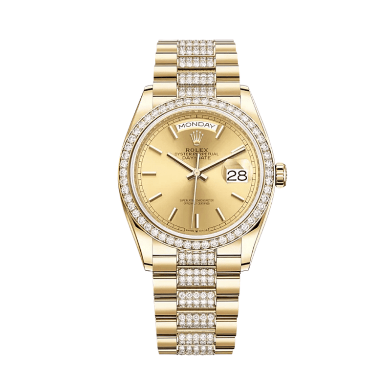 Rolex Day-Date 128348RBR Yellow Gold Diamond Bezel Champagne Dial