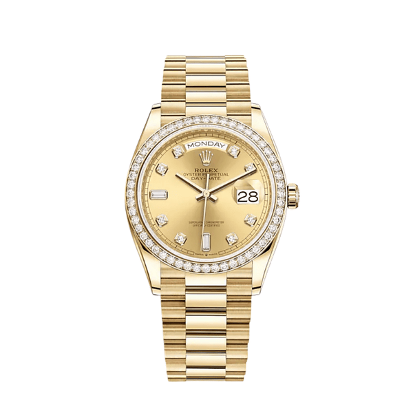 Rolex Day-Date 128348RBR Yellow Gold Diamond Bezel Champagne Diamond Dial
