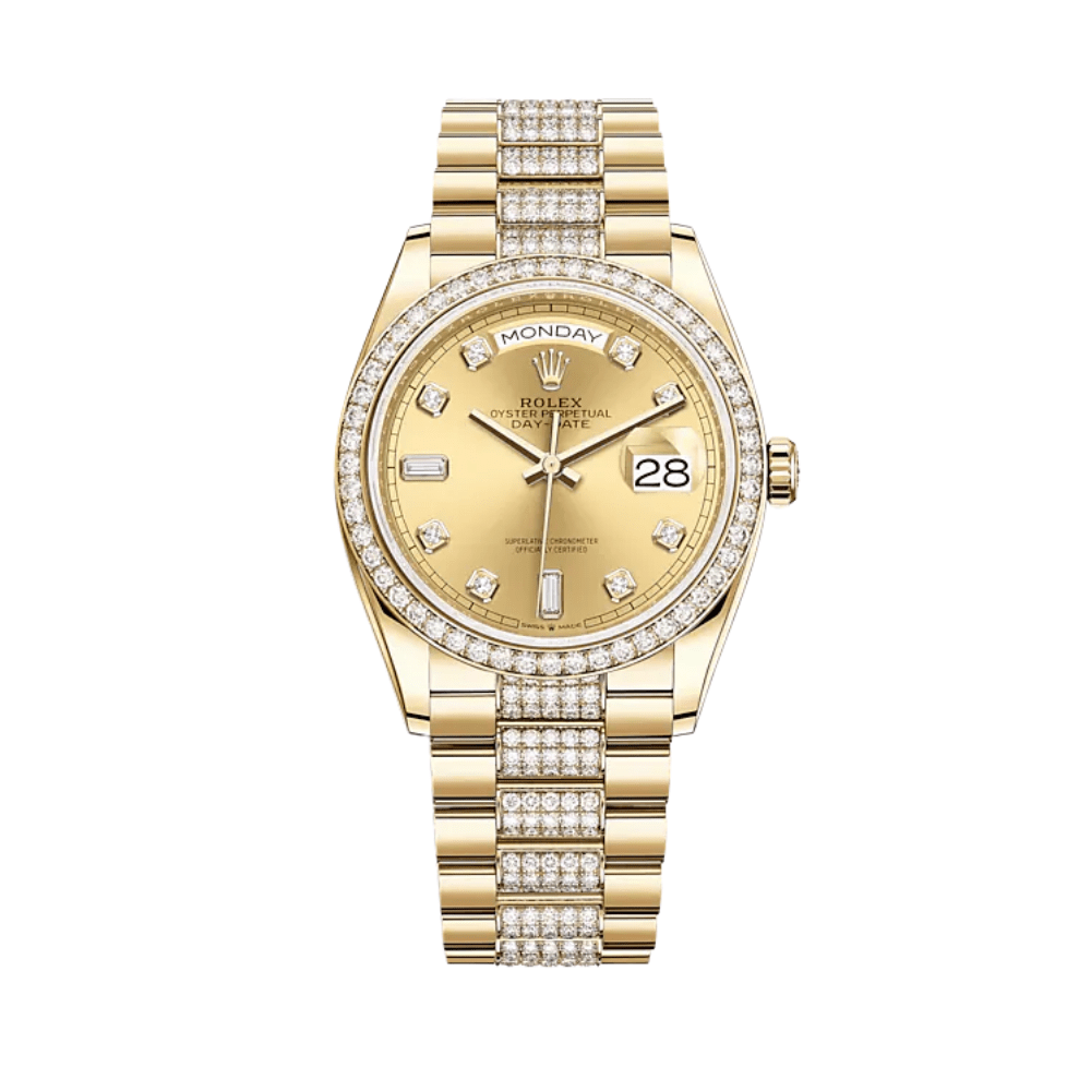 Rolex Day-Date 128348RBR Yellow Gold Diamond Bezel Champagne Diamond D ...