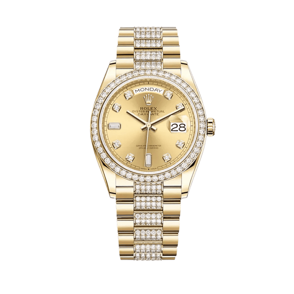 Rolex Day-Date 128348RBR Yellow Gold Diamond Bezel Champagne Diamond Dial