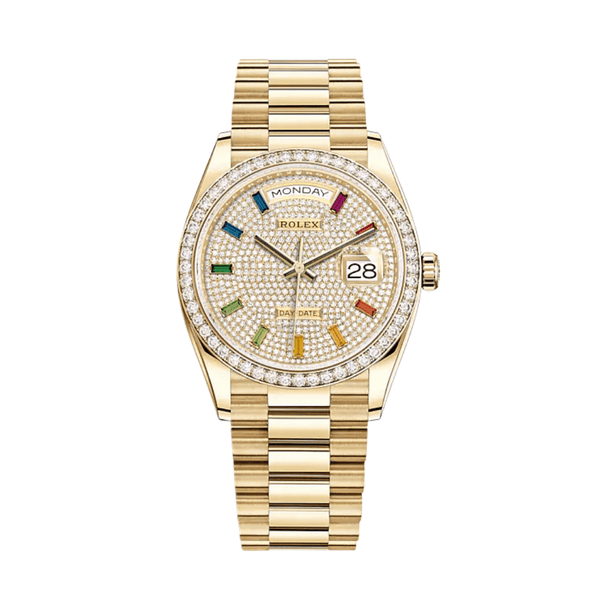 Rolex Day-Date 128348RBR Yellow Gold Diamond Bezel Diamond Paved Dial