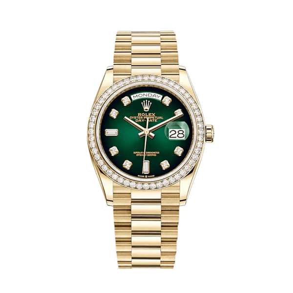 Rolex Day-Date 128348RBR Yellow Gold Diamond Bezel Green Diamond Dial