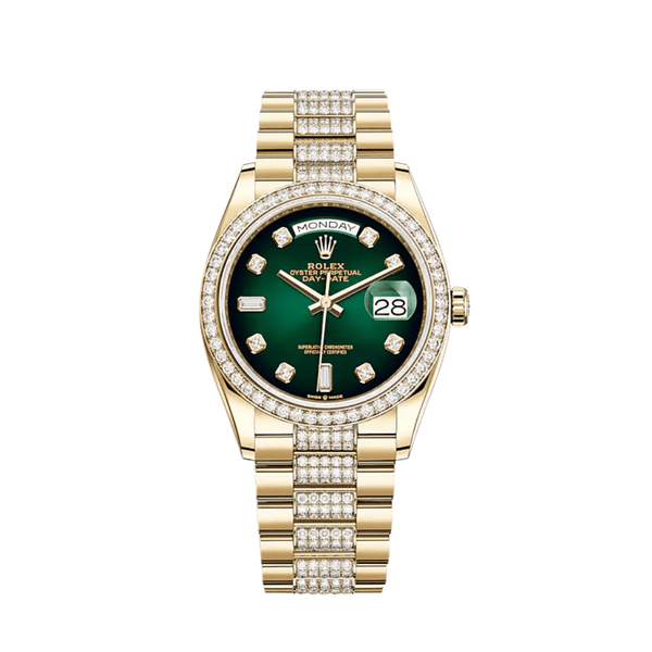 Rolex Day-Date 128348RBR Yellow Gold Diamond Bezel Green Diamond Dial