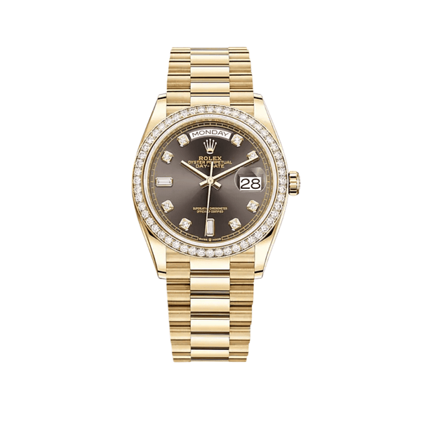 Rolex Day-Date 128348RBR Yellow Gold Diamond Bezel Grey Diamond Dial