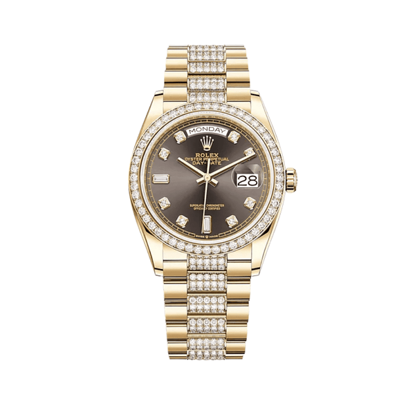 Rolex Day-Date 128348RBR Yellow Gold Diamond Bezel Grey Diamond Dial