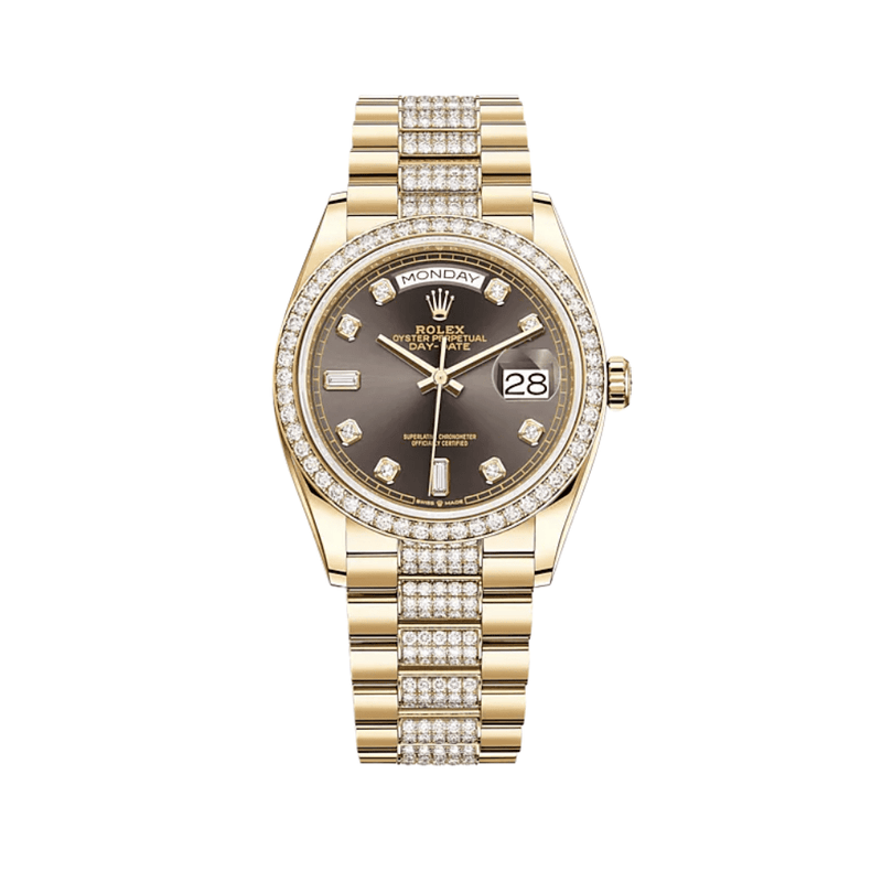 Rolex Day-Date 128348RBR Yellow Gold Diamond Bezel Grey Diamond Dial