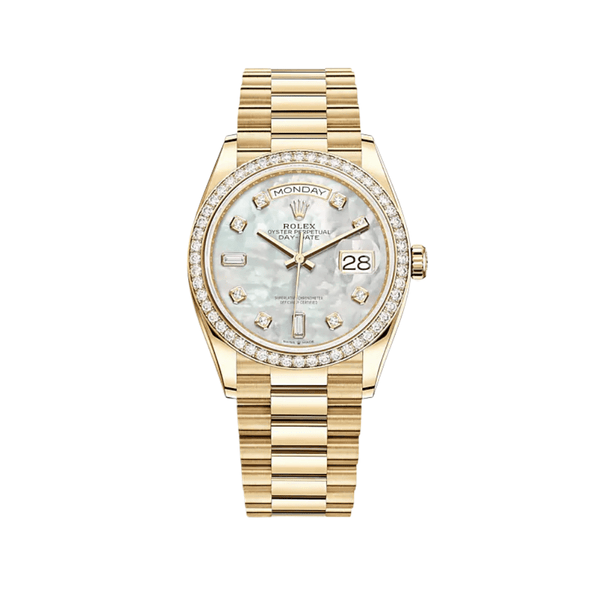 Rolex Day-Date 128348RBR Yellow Gold Diamond Bezel Mother of Pearl Diamond Dial
