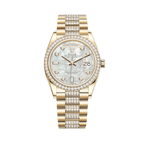 Rolex Day-Date 128348RBR Yellow Gold Diamond Bezel Mother of Pearl Diamond Dial