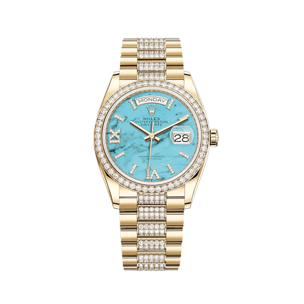 Rolex Day-Date 128348RBR Yellow Gold Diamond Bezel Turquoise Diamond Dial