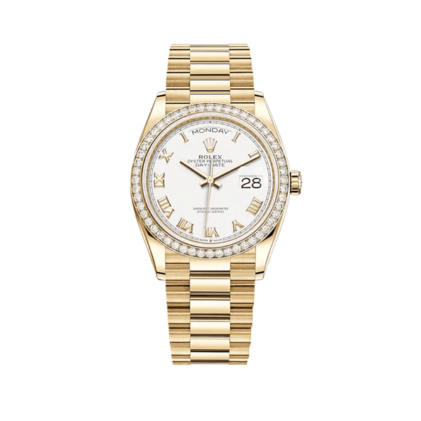 Rolex Day-Date 128348RBR Yellow Gold Diamond Bezel White Dial