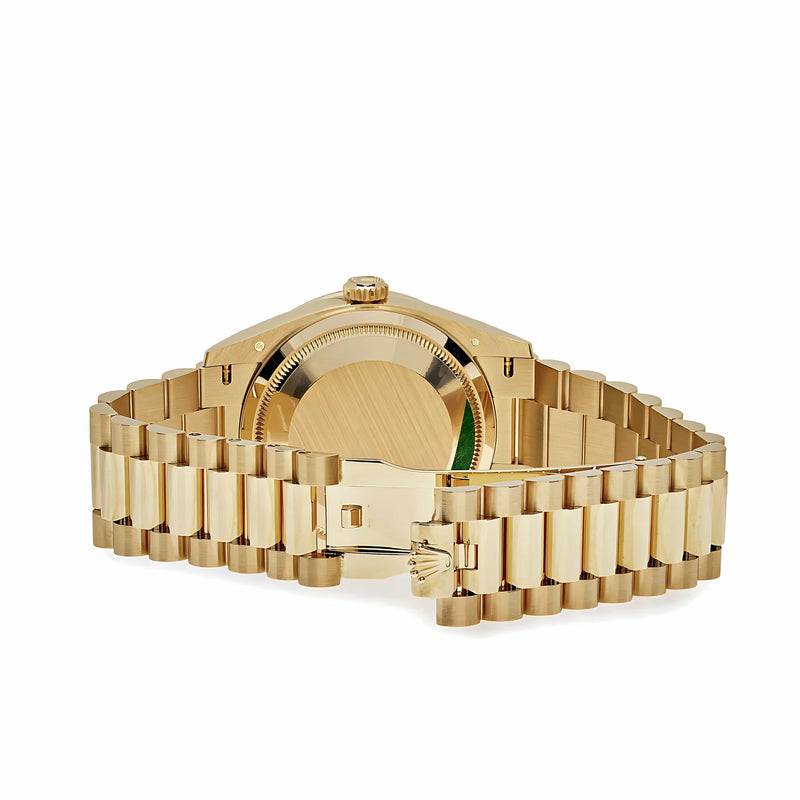 Rolex Day-Date 128348RBR Yellow Gold Green Malachite Dial Diamond Bezel