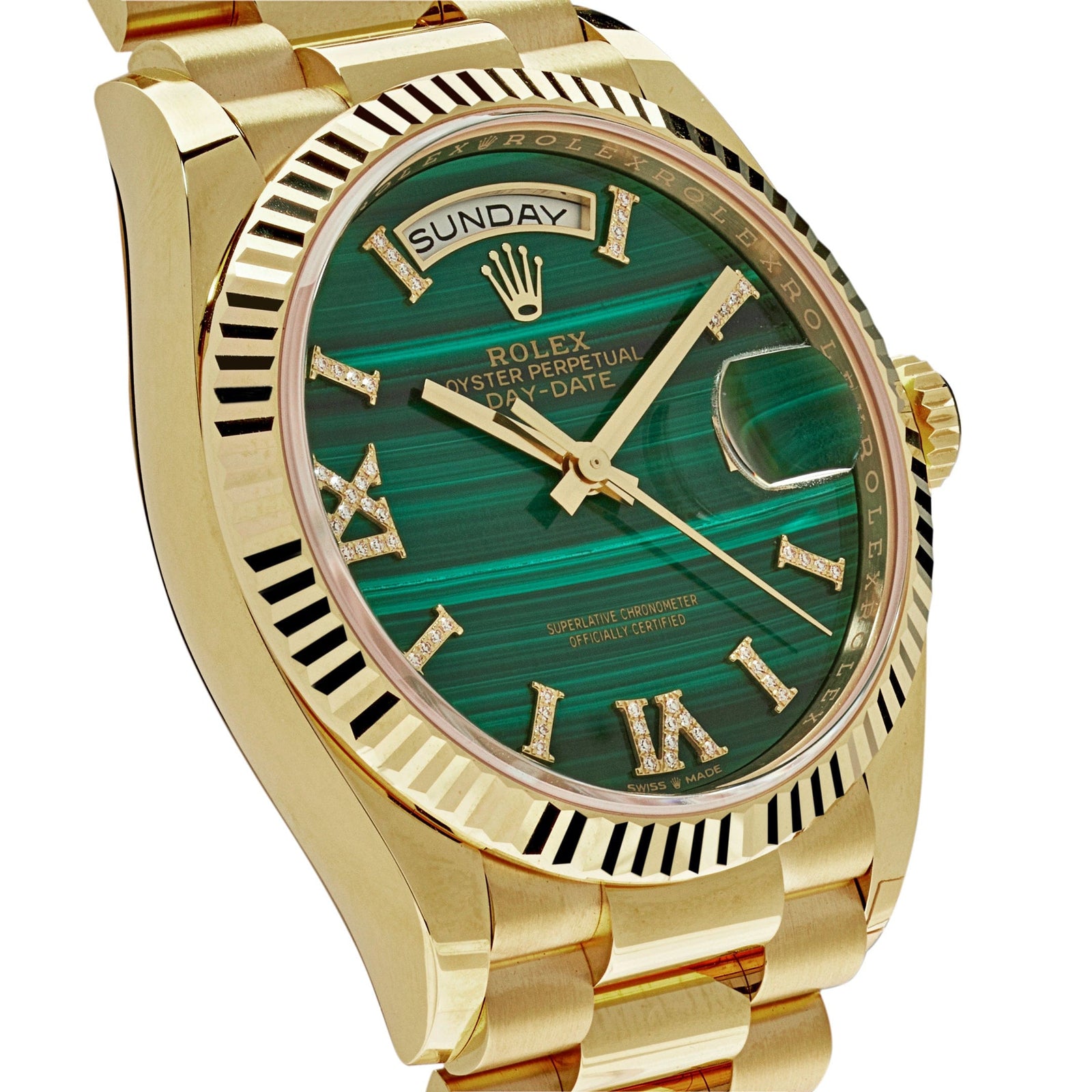 Rolex Day-Date 128238 Yellow Gold Green Malachite Roman Diamond