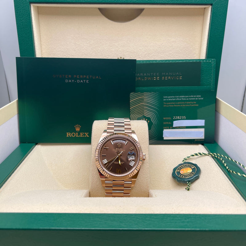 Rolex Day-Date 228235 Rose Gold Chocolate Roman Dial