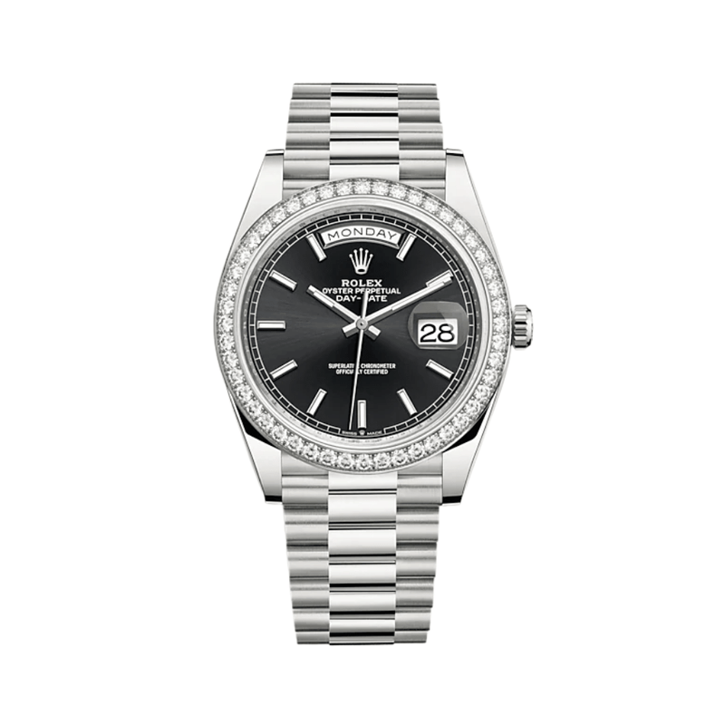 Rolex Day-Date 228349RBR White Gold Diamond Bezel Black Dial